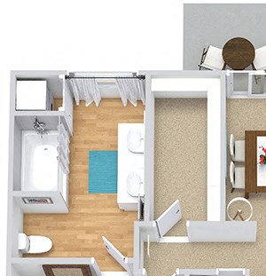 Abbey 3D Abbey 3D. 1 bedroom apartment. Kitchen, living, dinning rooms. 1 full bathroom, double vanity. Walk-in closet. Patio/balcony.